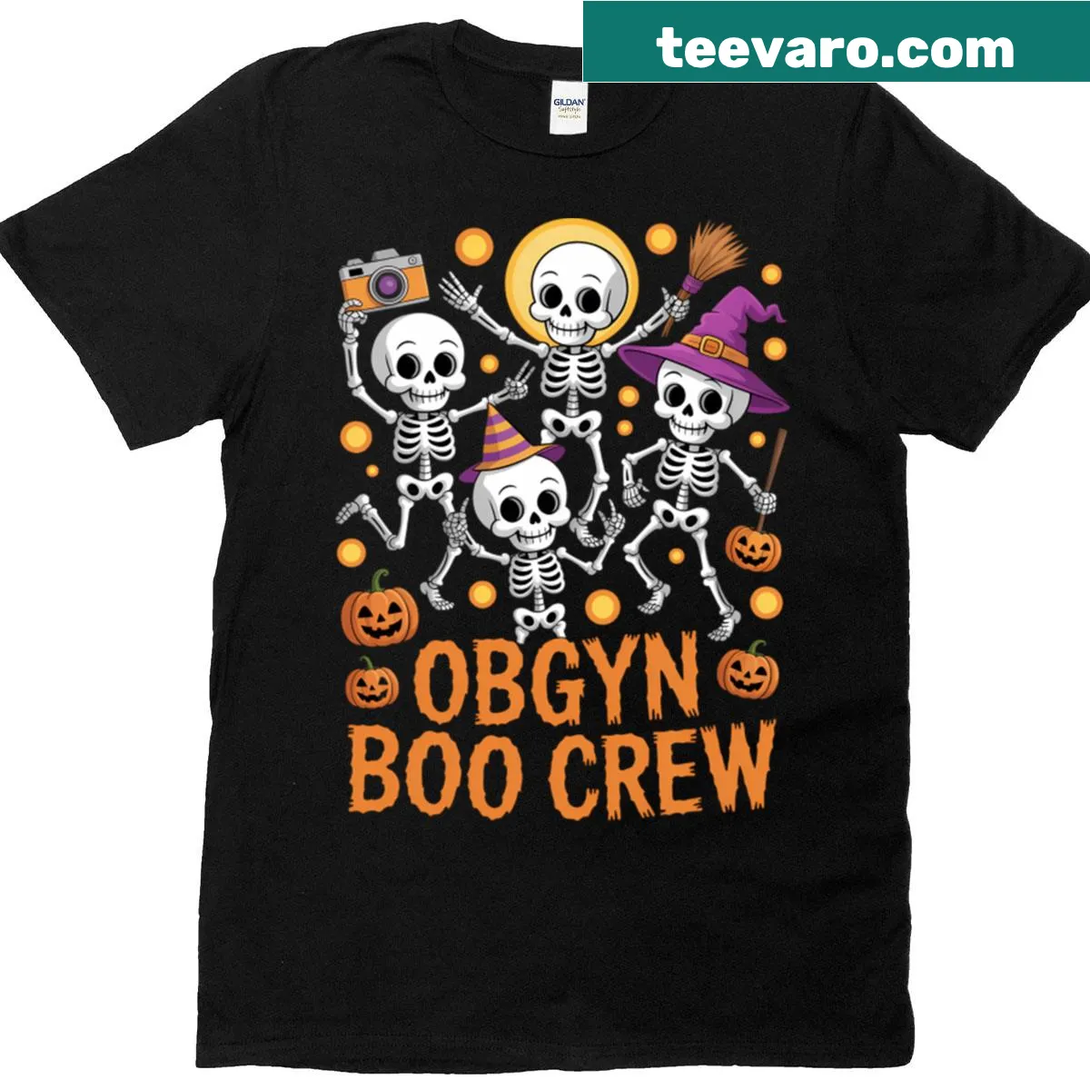 Skeleton dancing with 'OBGYN Boo Crew' text on T-shirt — on a men's t-shirt