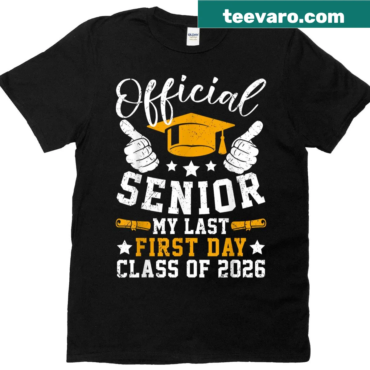T-shirt celebrating the 'Last First Day Class Of 2026' for seniors — on a men's t-shirt
