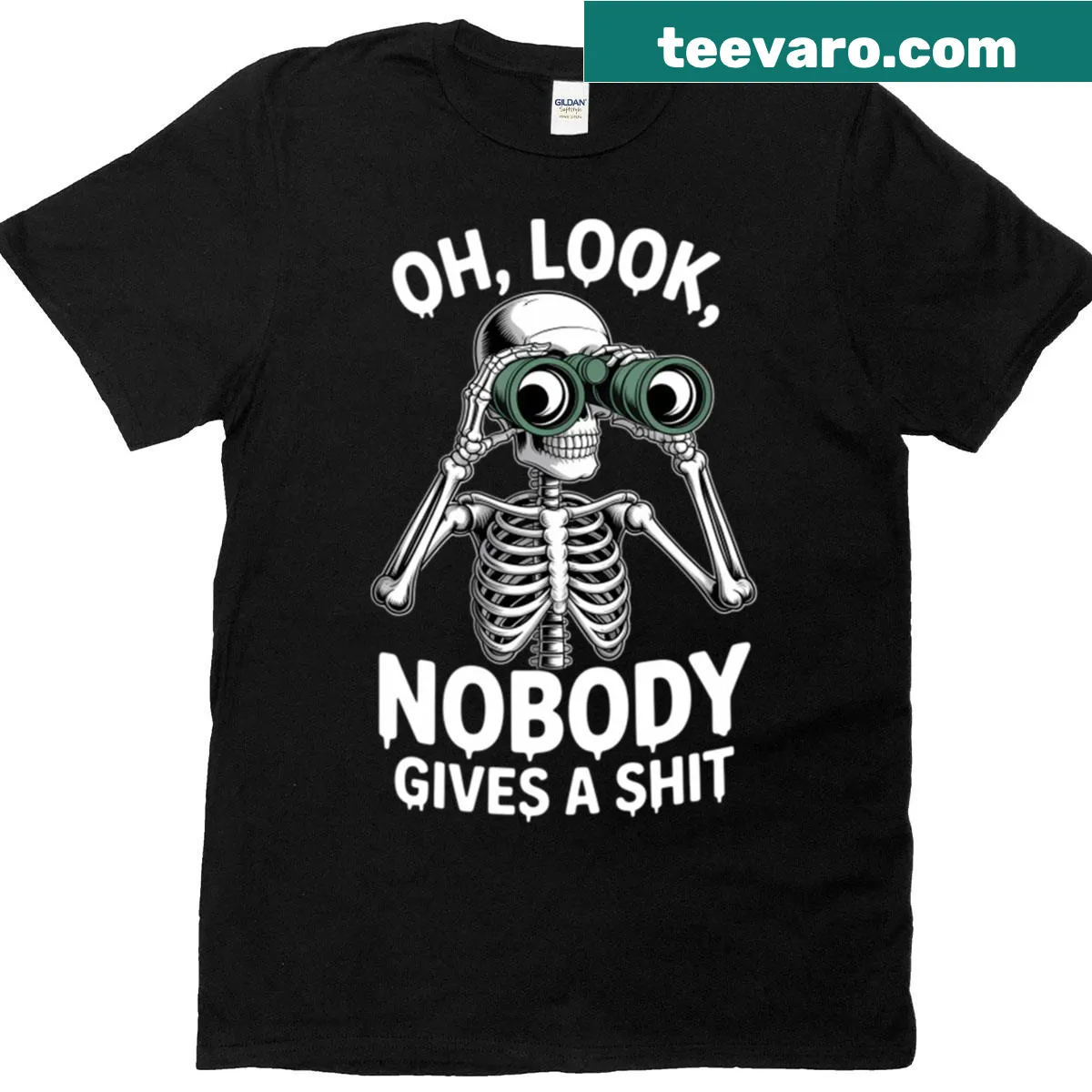 Skeleton with binoculars featuring the text 'Oh Look No One Cares' — on a men's t-shirt