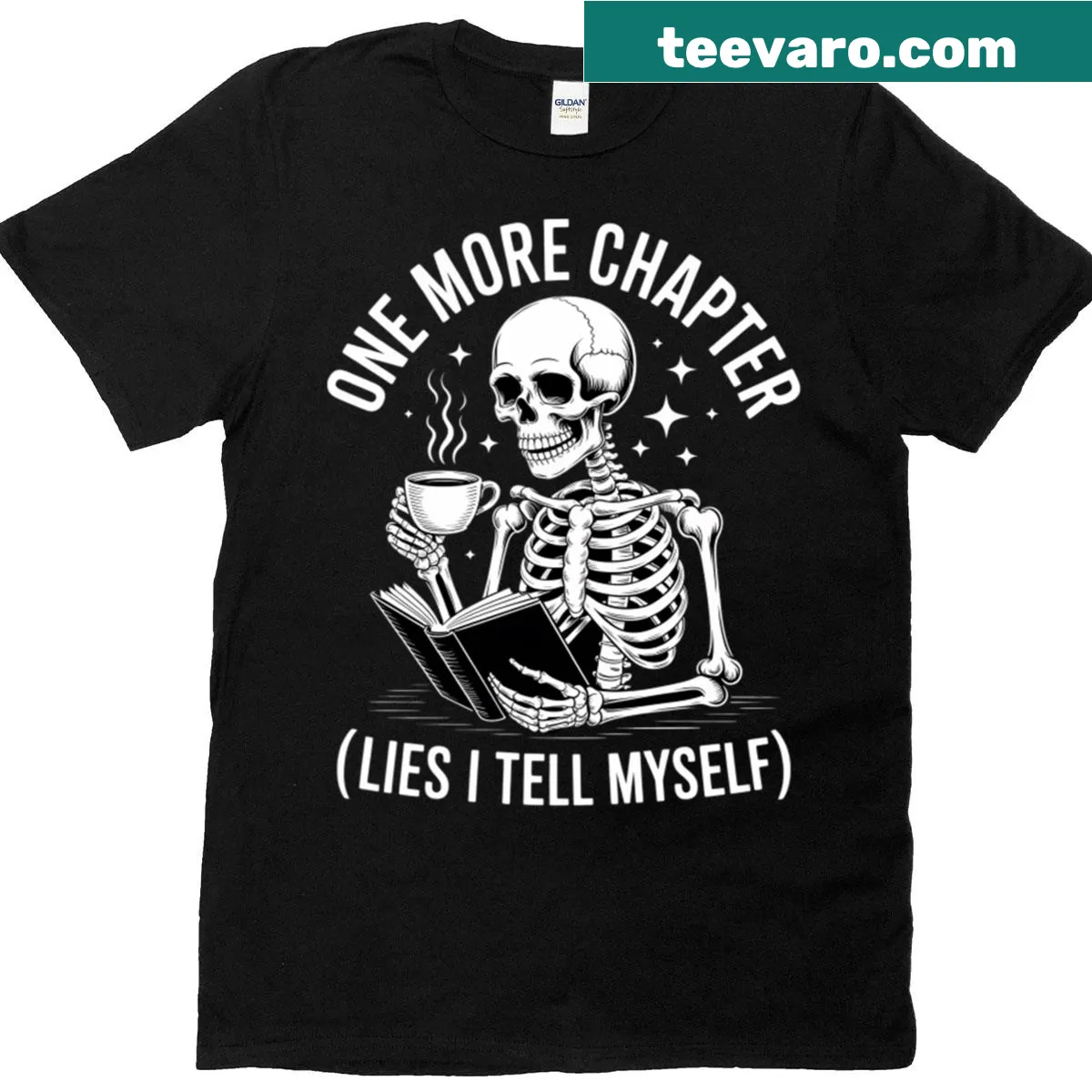 Skeleton reading with the phrase One More Chapter on a t-shirt — on a men's t-shirt