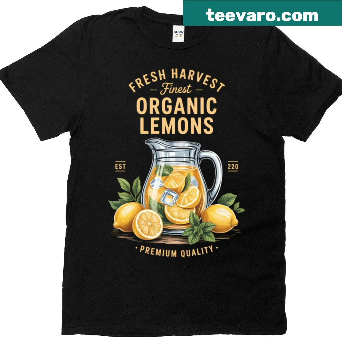 Illustrative lemon juice label t-shirt celebrating fresh harvest — on a men's t-shirt