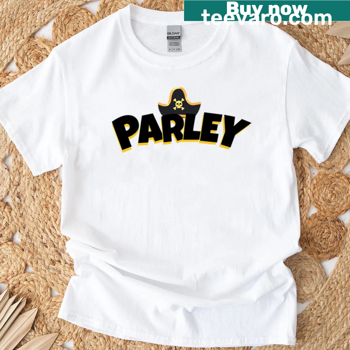 Pirate-themed graphic inspired by Caribbean adventures — on a men's t-shirt