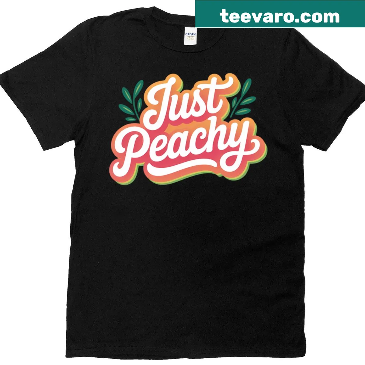 Vintage-style t-shirt with 'Peachy Just Peach' text and retro design — on a men's t-shirt