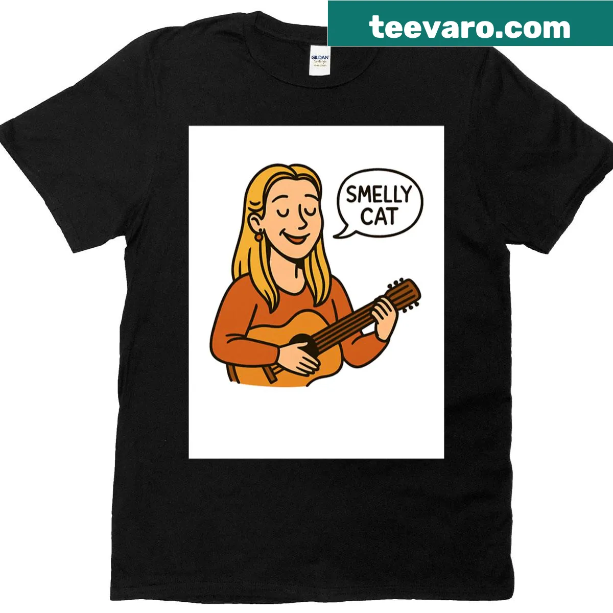 Cartoon t-shirt featuring Phoebe Buffay's Smelly Cat from Friends. — on a men's t-shirt