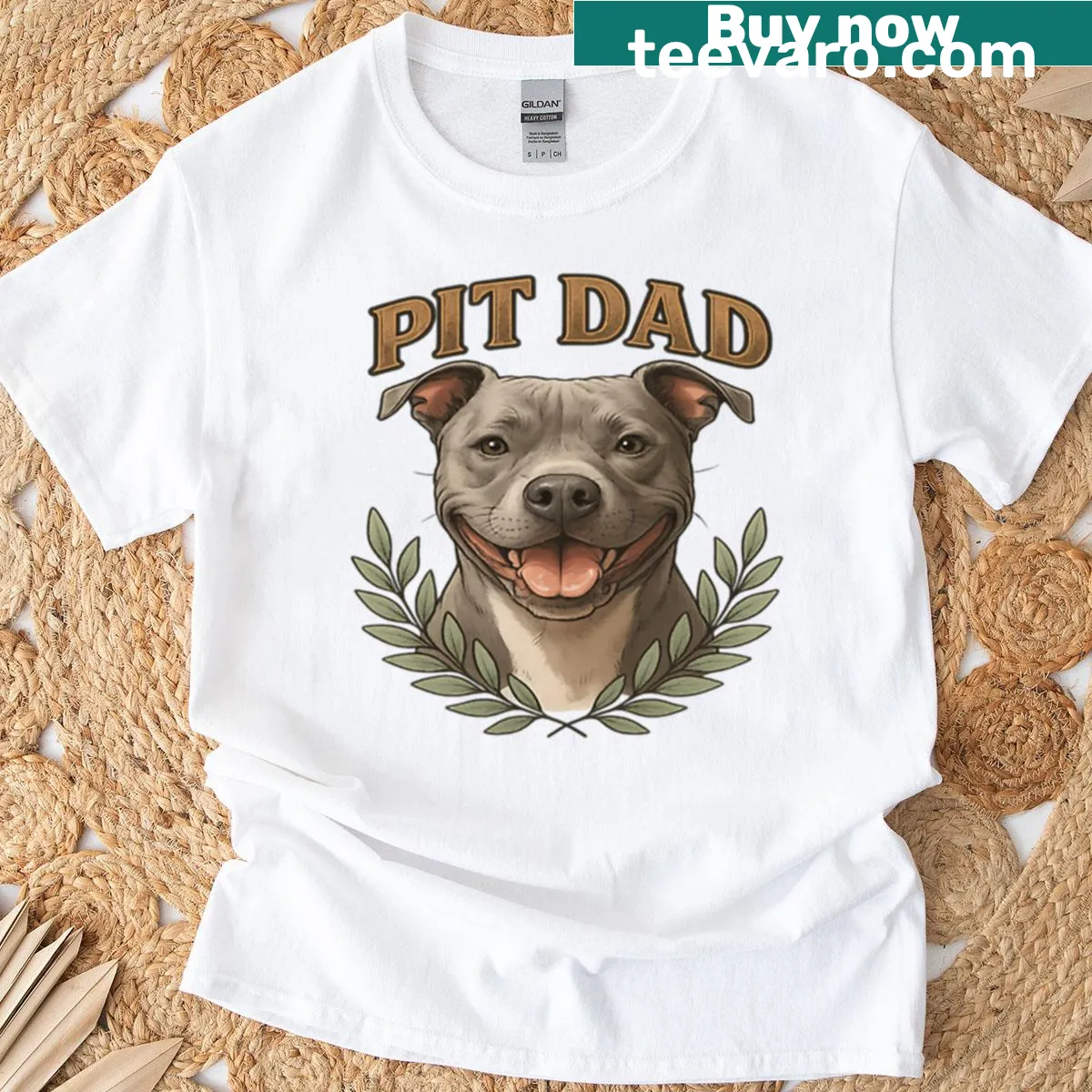 Oversized T-shirt featuring 'Pit Dad' text and sage leaf graphics — on a men's t-shirt