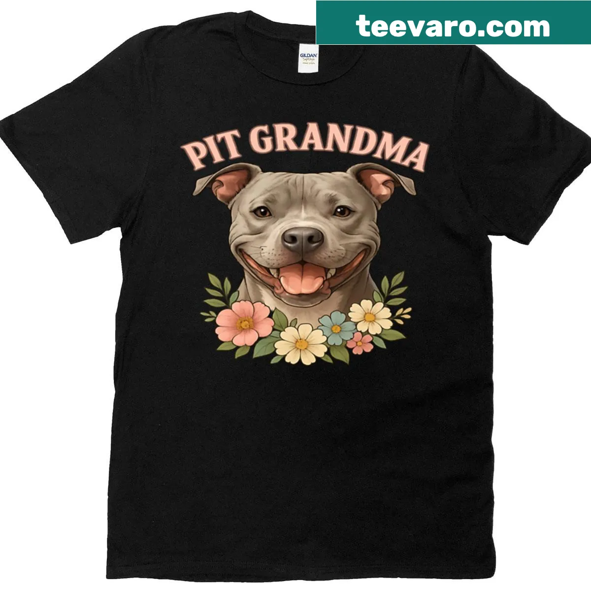 Floral t-shirt with 'Pit Grandma' text and floral illustrations — on a men's t-shirt