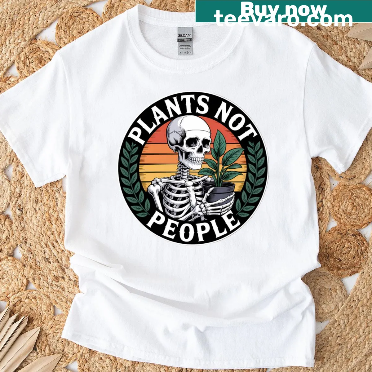 Skeleton gardener with plants and 'Plants Not People' text T-shirt — on a men's t-shirt