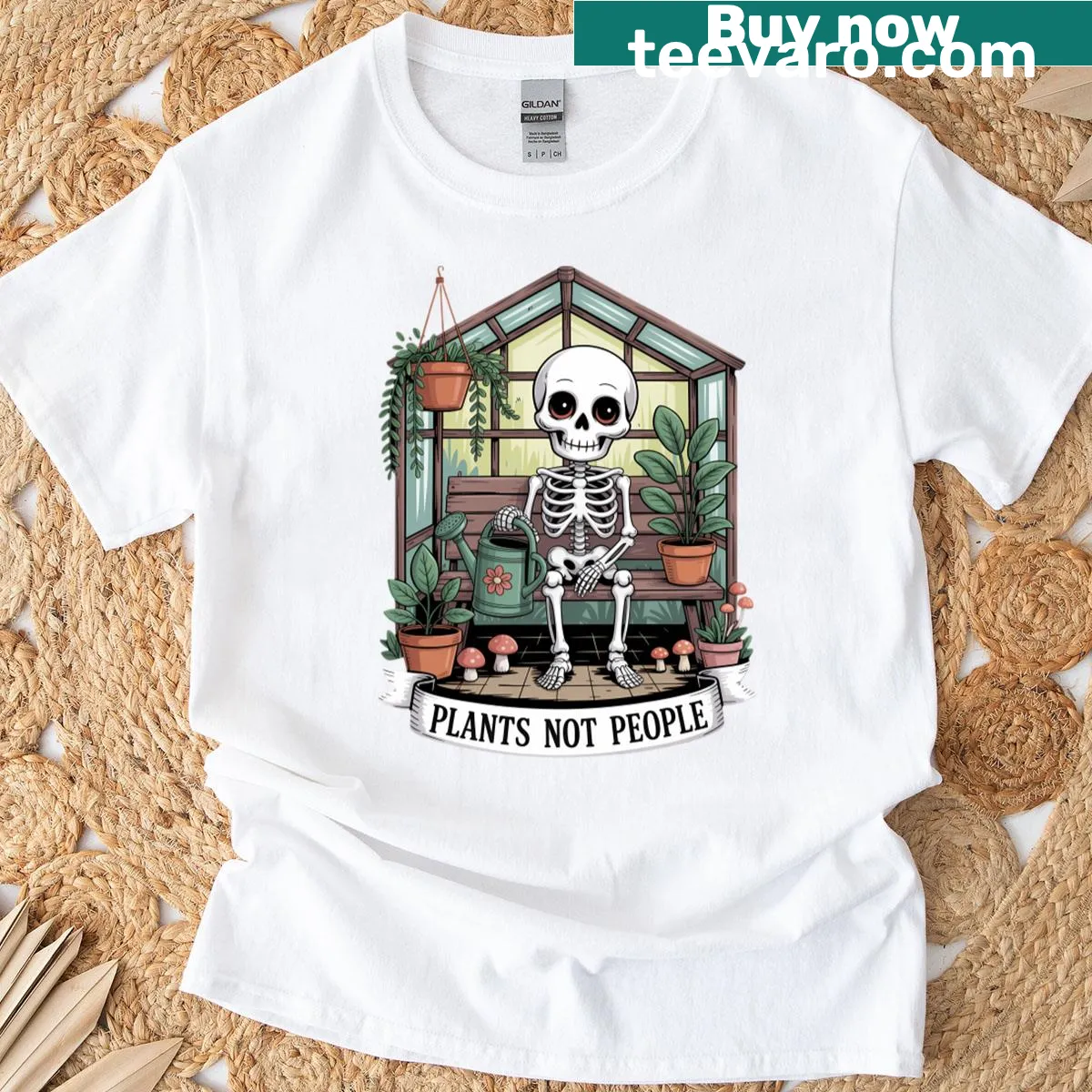Skeleton among plants with 'Plants Not People' text T-shirt — on a men's t-shirt
