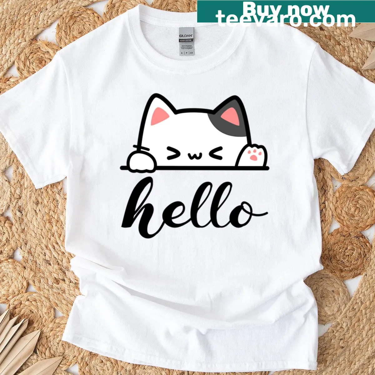 Cute blushing kitty saying Hello oversized T-shirt — on a men's t-shirt