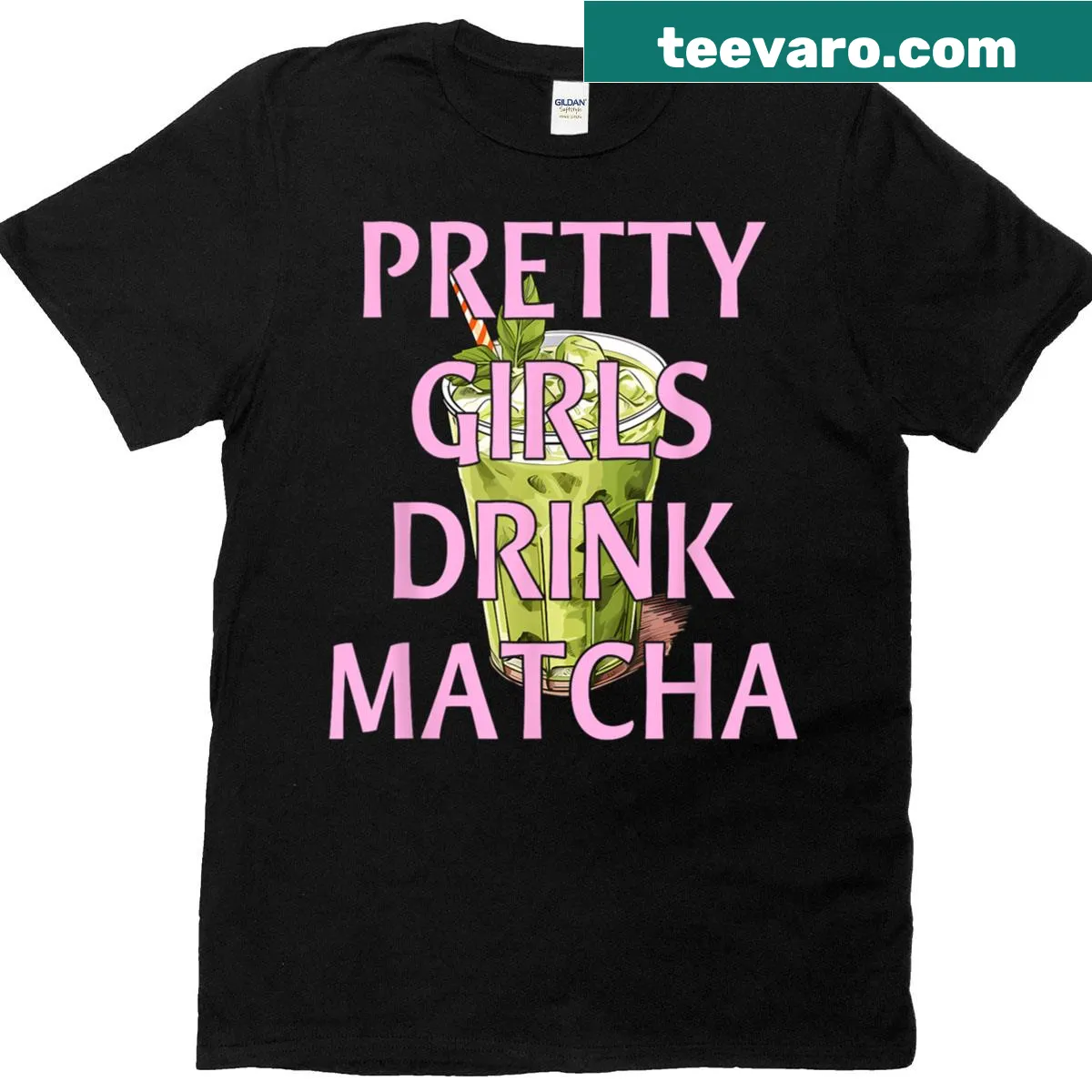 Cute T-shirt with the phrase 'Pretty Girls Drink Matcha' and playful graphics — on a men's t-shirt