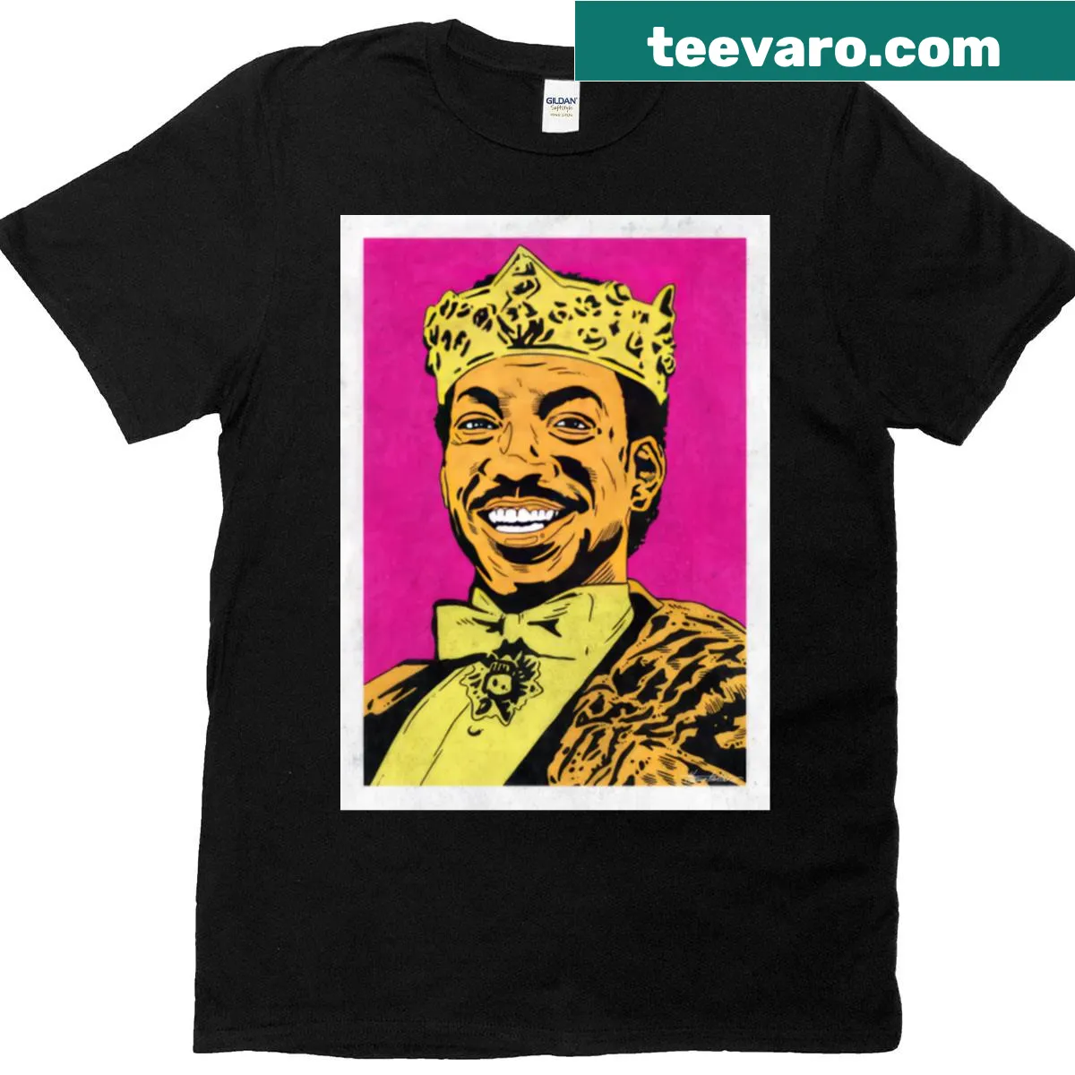 Pop art style t-shirt featuring Prince Akeem from Coming To America — on a men's t-shirt