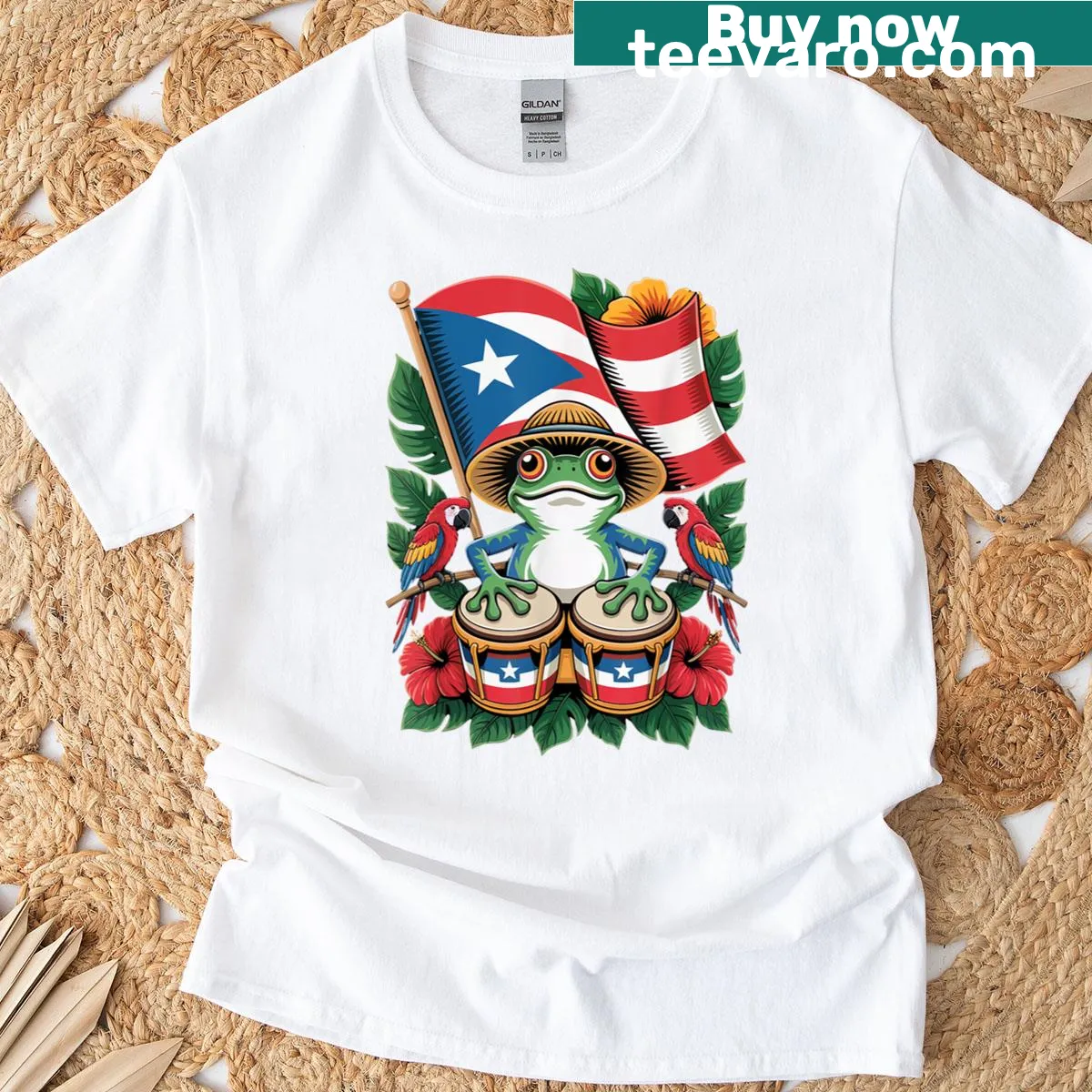 Graphic featuring Puerto Rico's coquí frog, Taino sun, and flag — on a men's t-shirt
