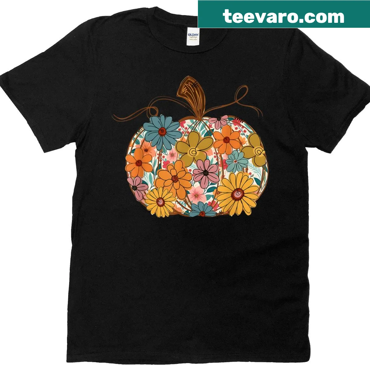 Floral autumn T-shirt with pumpkins and wildflowers design — on a men's t-shirt