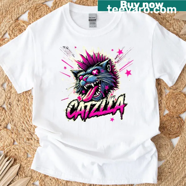 Illustration of a punk cat creature head on a T-shirt