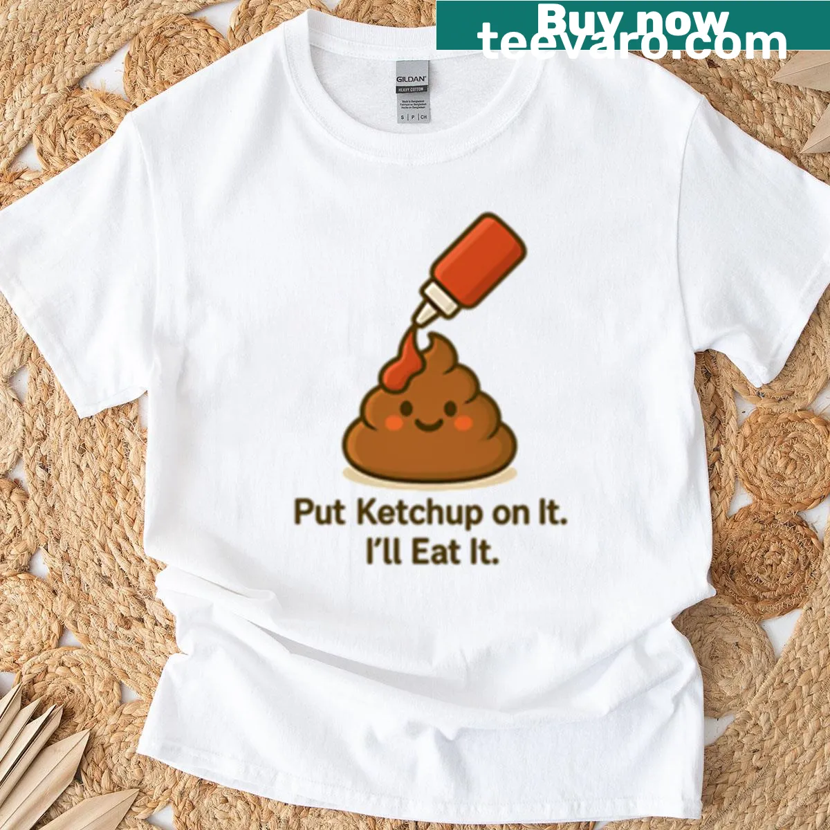 Funny oversized T-shirt with ketchup graphic and text — on a men's t-shirt