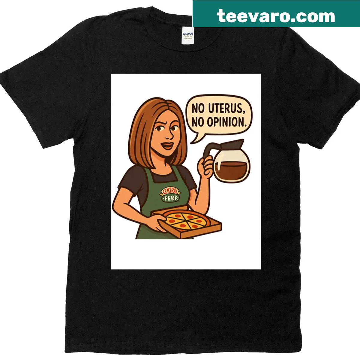 Cartoon-style T-shirt featuring a famous Rachel Green quote — on a men's t-shirt