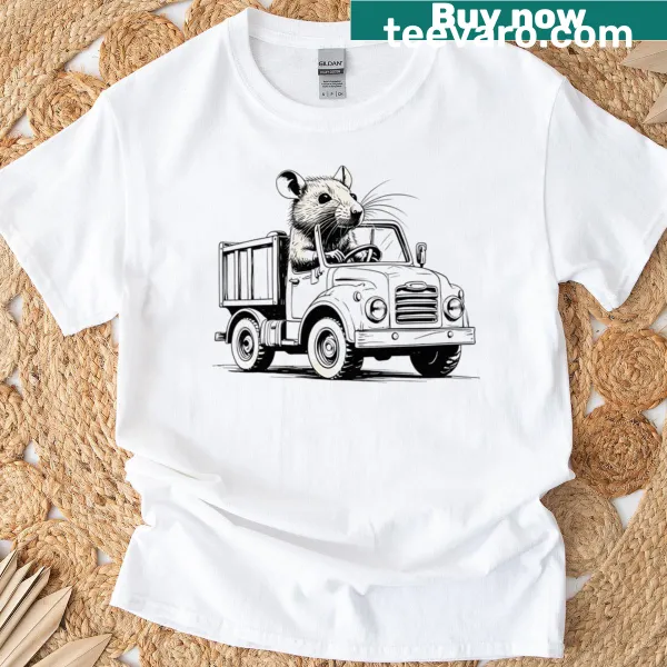 Illustration of a rat driving a truck on a T-shirt