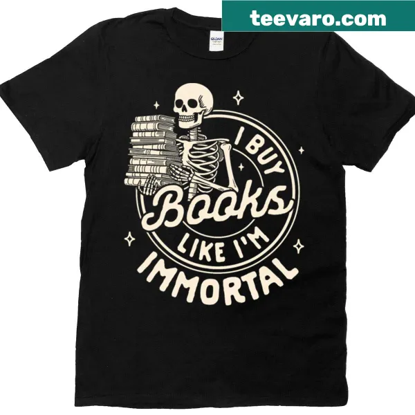Skeleton graphic t-shirt for book lovers with humorous text
