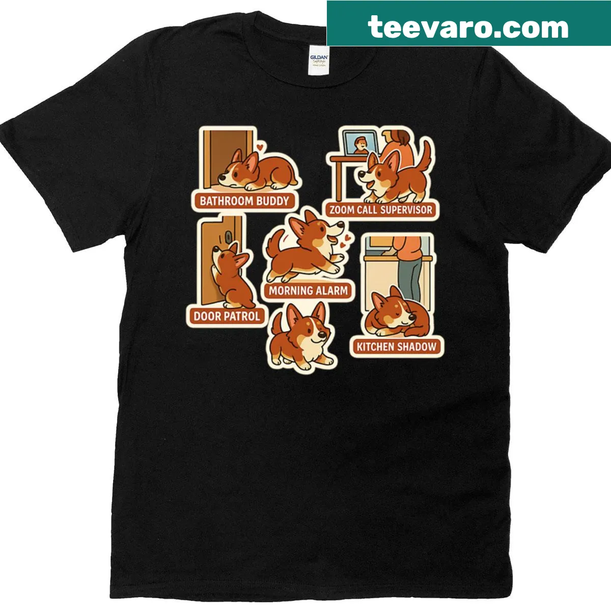Illustrated t-shirt featuring clingy red-headed tri-color corgis — on a men's t-shirt