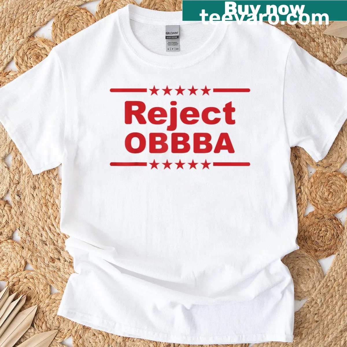 Playful protest slogan on the Reject Obbba t-shirt — on a men's t-shirt