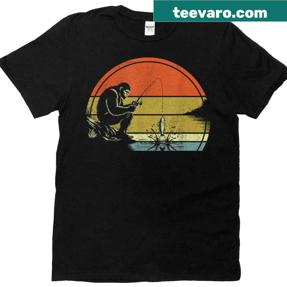 Playful T-shirt featuring a sunset Bigfoot fishing graphic for fishing lovers — on a men's t-shirt