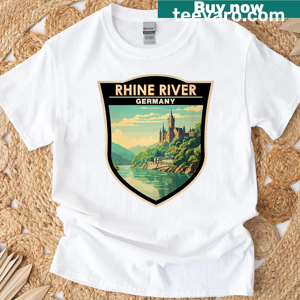 Vintage travel emblem t-shirt featuring the Rhine River — on a men's t-shirt