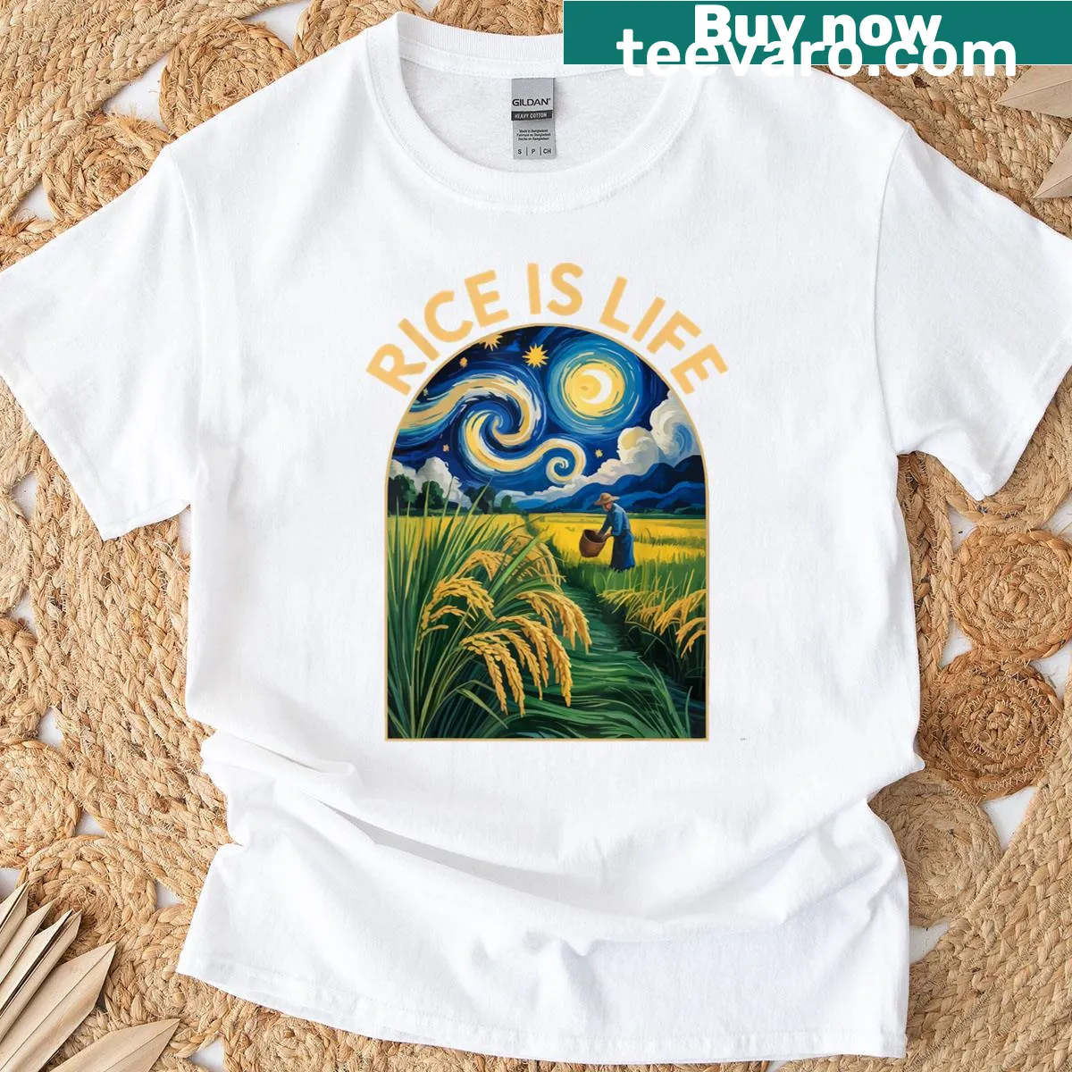 Creative T-shirt featuring rice-themed art inspired by Van Gogh's Starry Night. — on a men's t-shirt