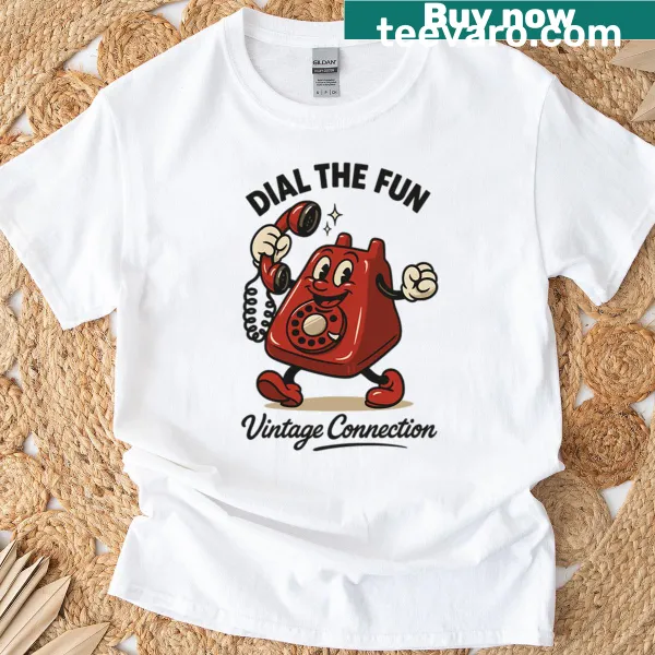 Vintage cartoon rotary phone graphic on a distressed T-shirt