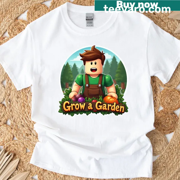 Roblox-themed gardening graphic on a playful T-shirt