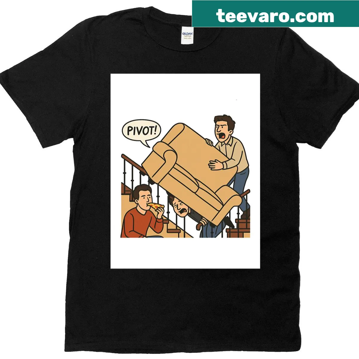 Cartoon T-shirt depicting Ross's pivot couch scene — on a men's t-shirt
