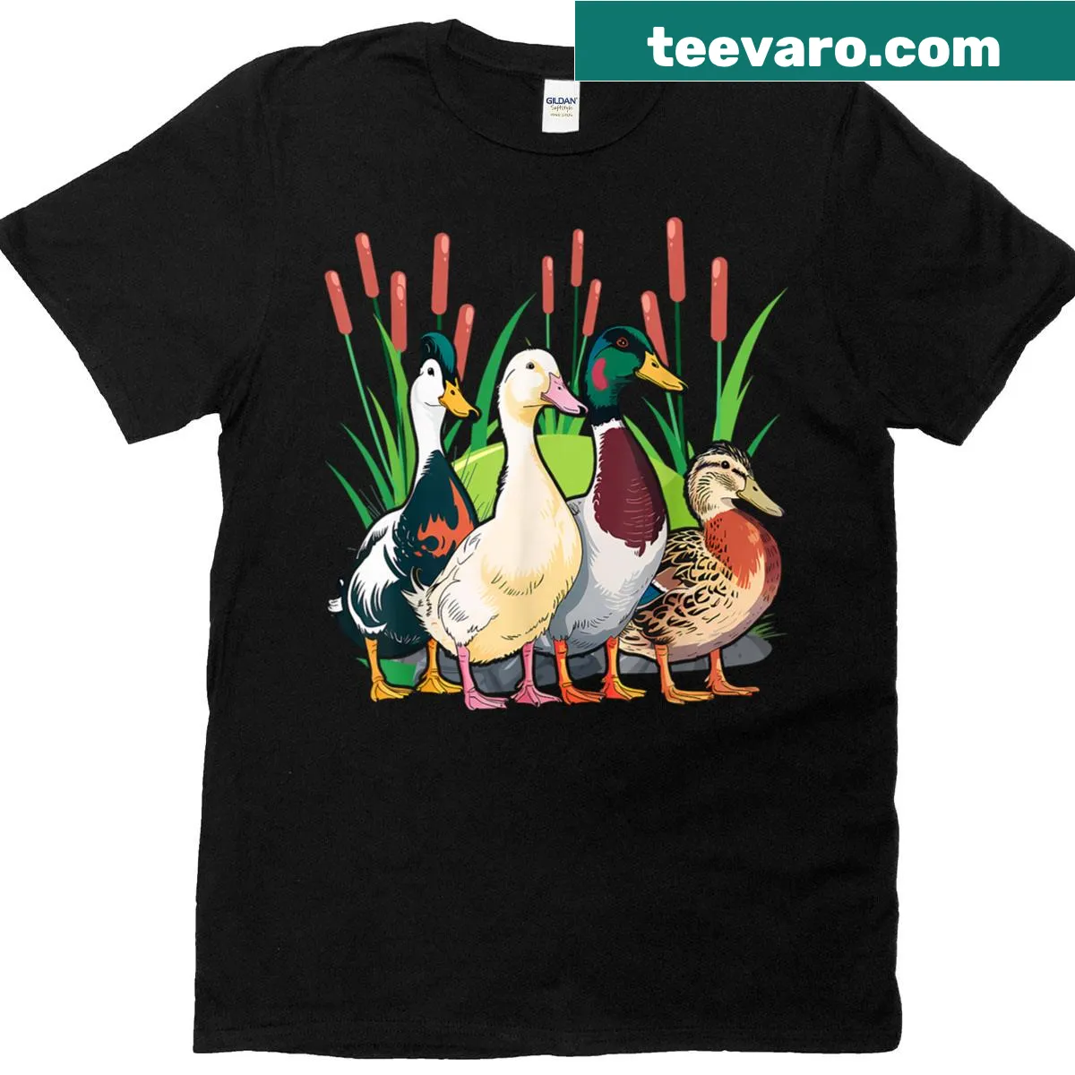 Illustrated Indian Runner Duck t-shirt depicting a whimsical duck in motion — on a men's t-shirt