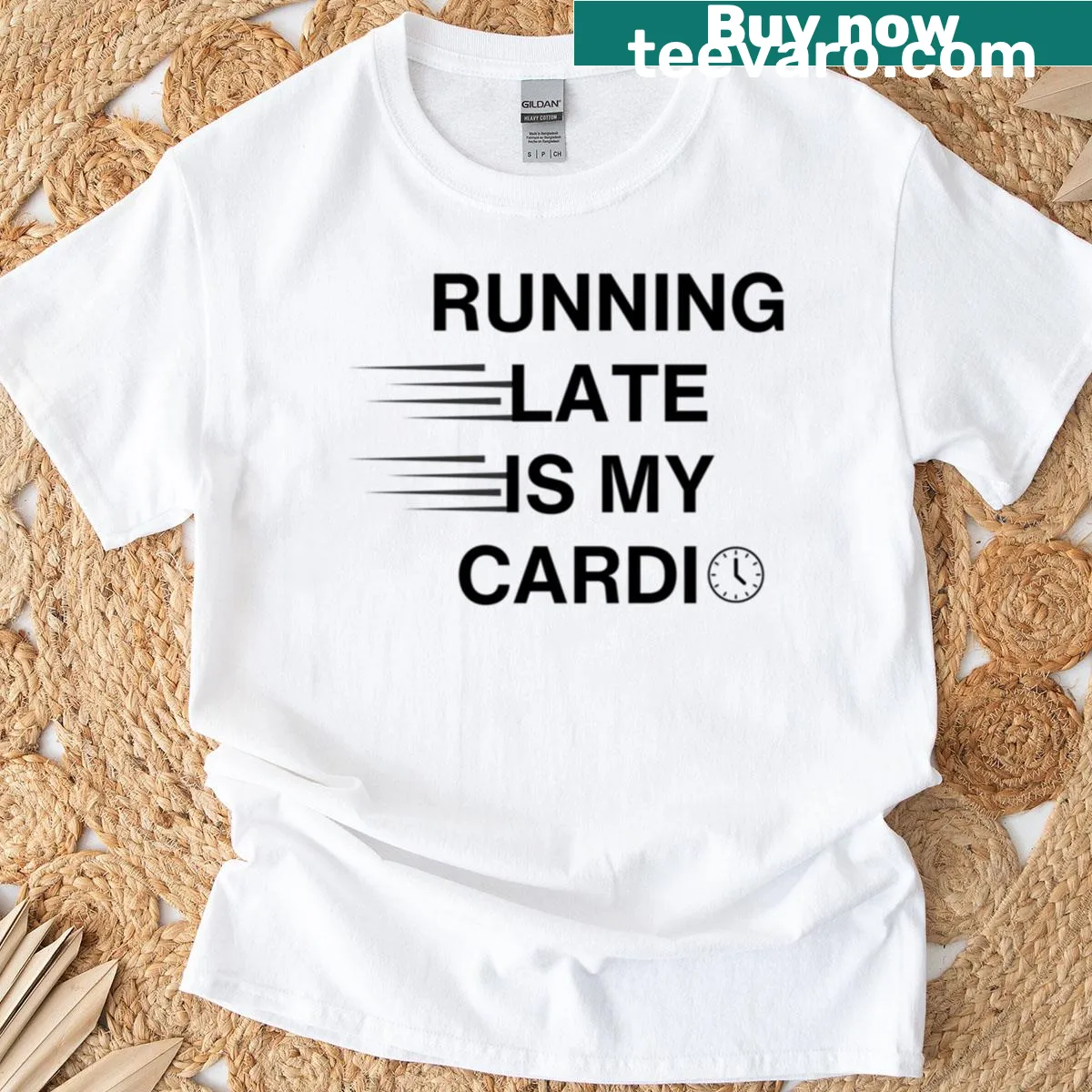 Humorous T-shirt with 'Running Late Is My Cardio' text — on a men's t-shirt