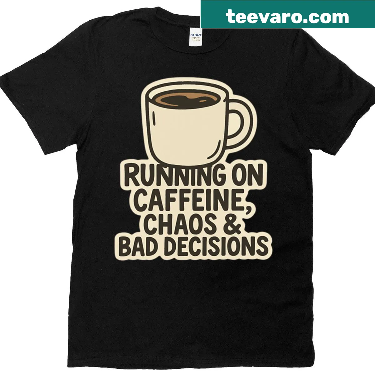 Funny graphic T-shirt with coffee mug sticker design and humorous quotes — on a men's t-shirt