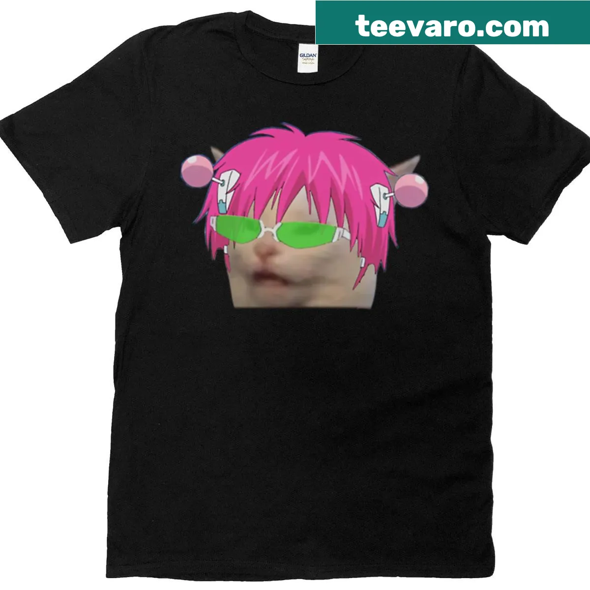 Saiki K inspired T-shirt featuring a whimsical cat illustration — on a men's t-shirt