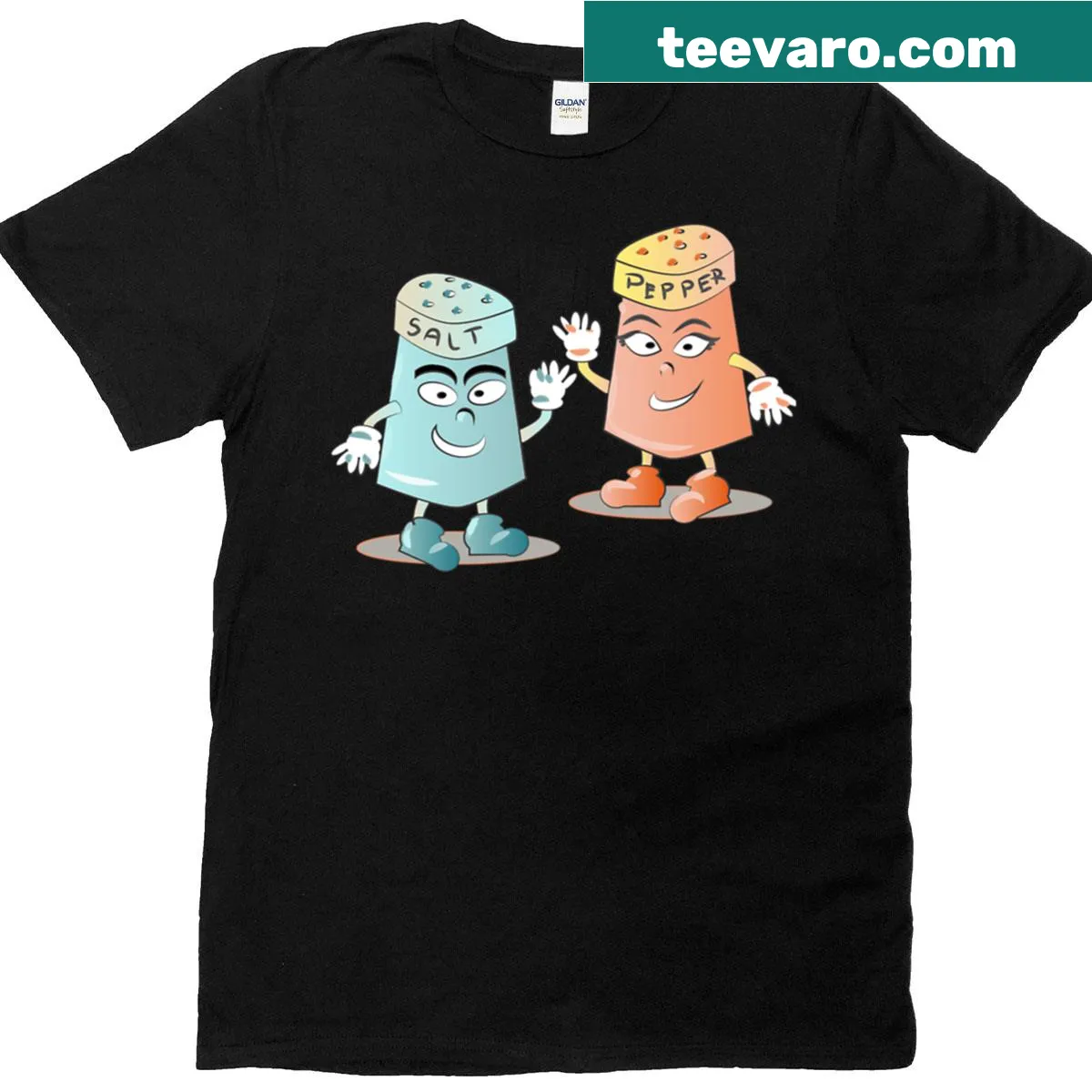 Vintage mascot T-shirt featuring salt and pepper shaker graphics — on a men's t-shirt