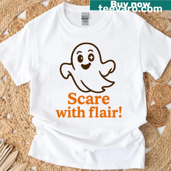 Whimsical ghost illustration on stylish boxy Halloween t-shirt