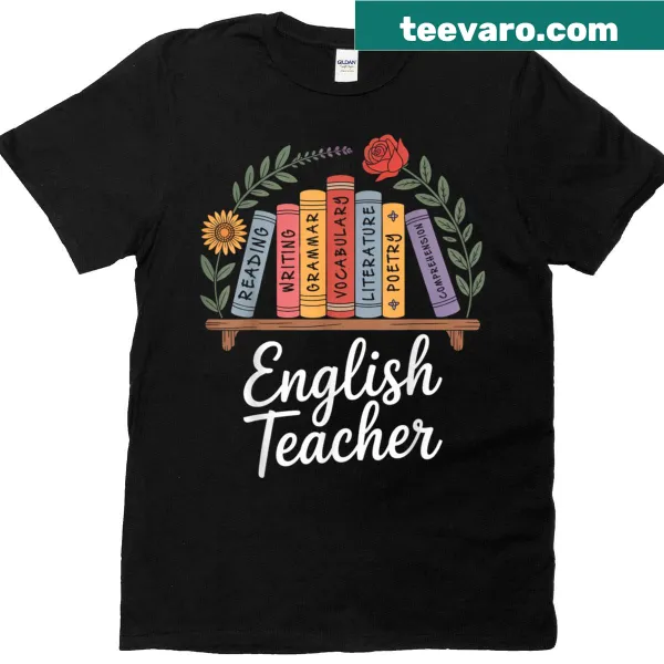 Floral T-shirt for teachers featuring books and wildflowers design.