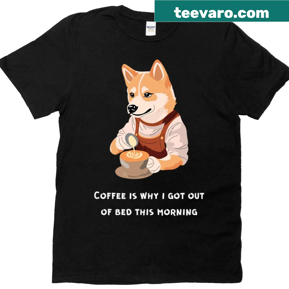 Cute Shiba Inu barista graphic T-shirt for coffee lovers — on a men's t-shirt