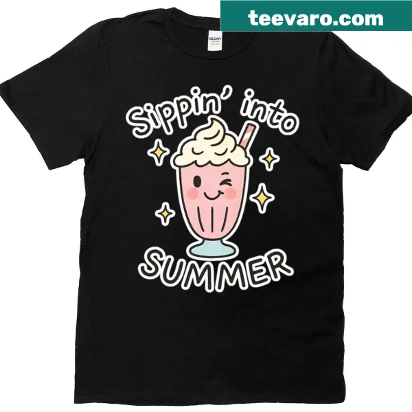 Cartoon milkshake sticker graphic on a T-shirt for kids
