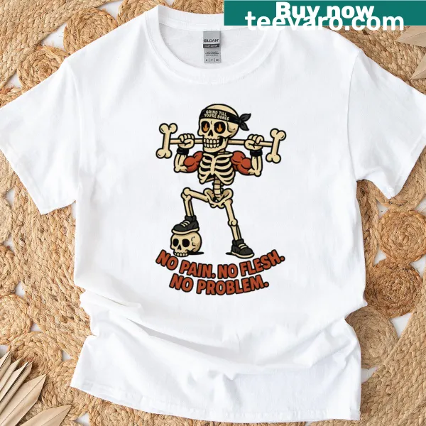 T-shirt with a skeleton lifting weights for gym motivation