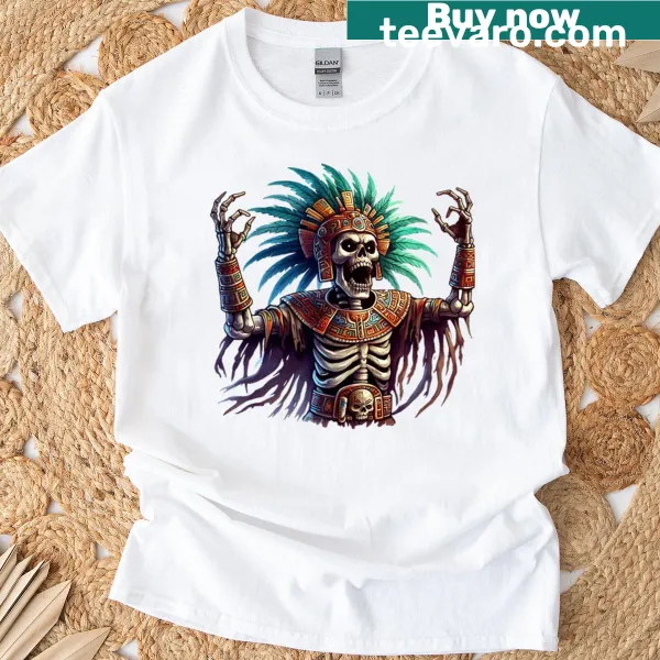 Illustration of a skeleton inspired by Mayan culture on a T-shirt