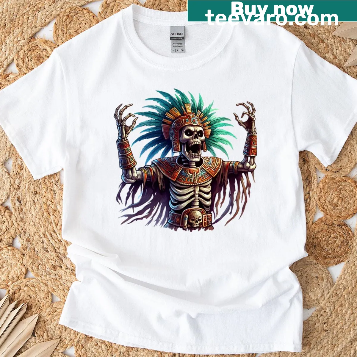 Illustration of a skeleton inspired by Mayan culture on a T-shirt — on a men's t-shirt
