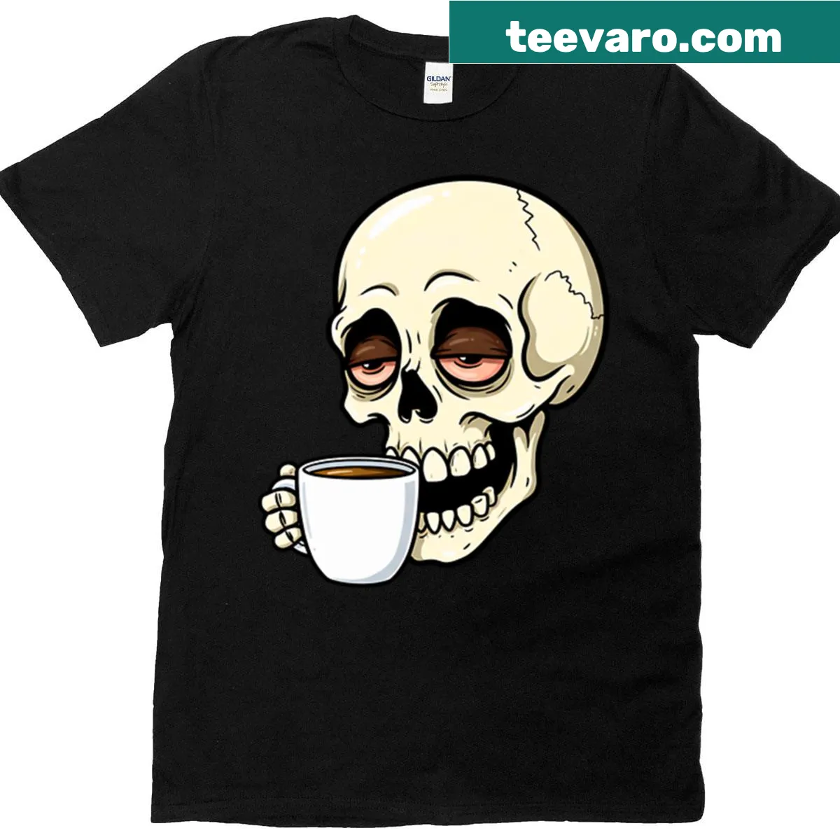 Skull graphic holding a coffee cup with a sarcastic theme — on a men's t-shirt