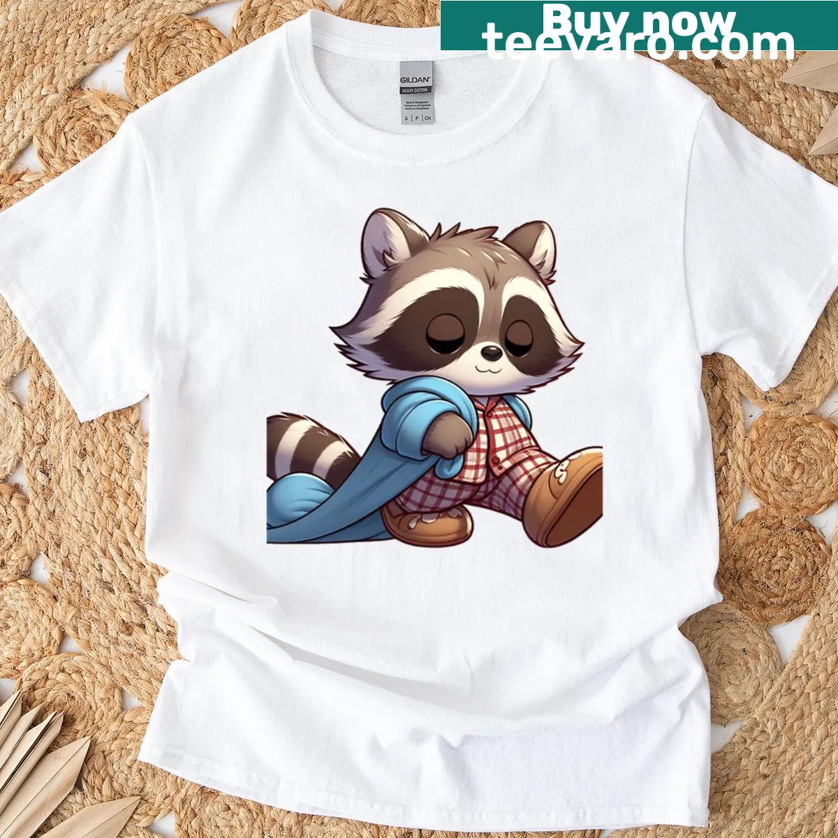 Cartoon raccoon sleepwalking graphic T-shirt — on a men's t-shirt