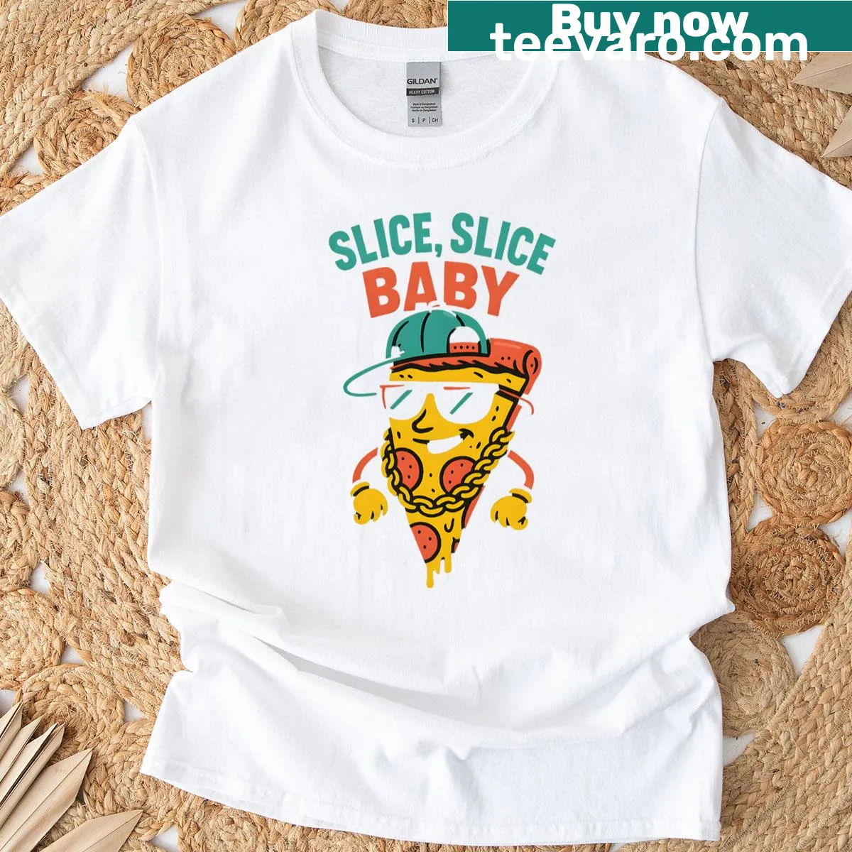 Pizza-themed Slice Slice Baby graphic T-shirt — on a men's t-shirt
