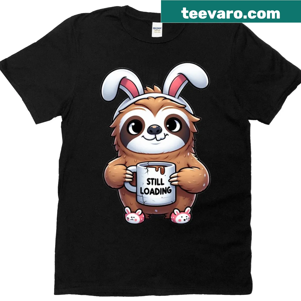 Oversized cartoon sloth morning mode t-shirt — on a men's t-shirt
