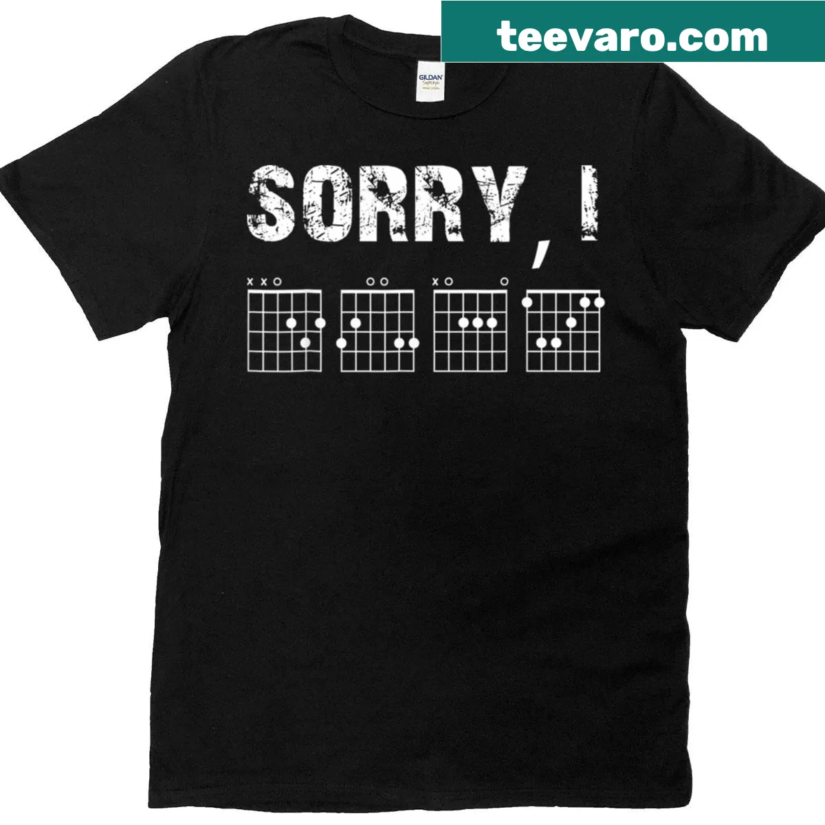 Funny T-shirt with hidden message related to guitar chords — on a men's t-shirt