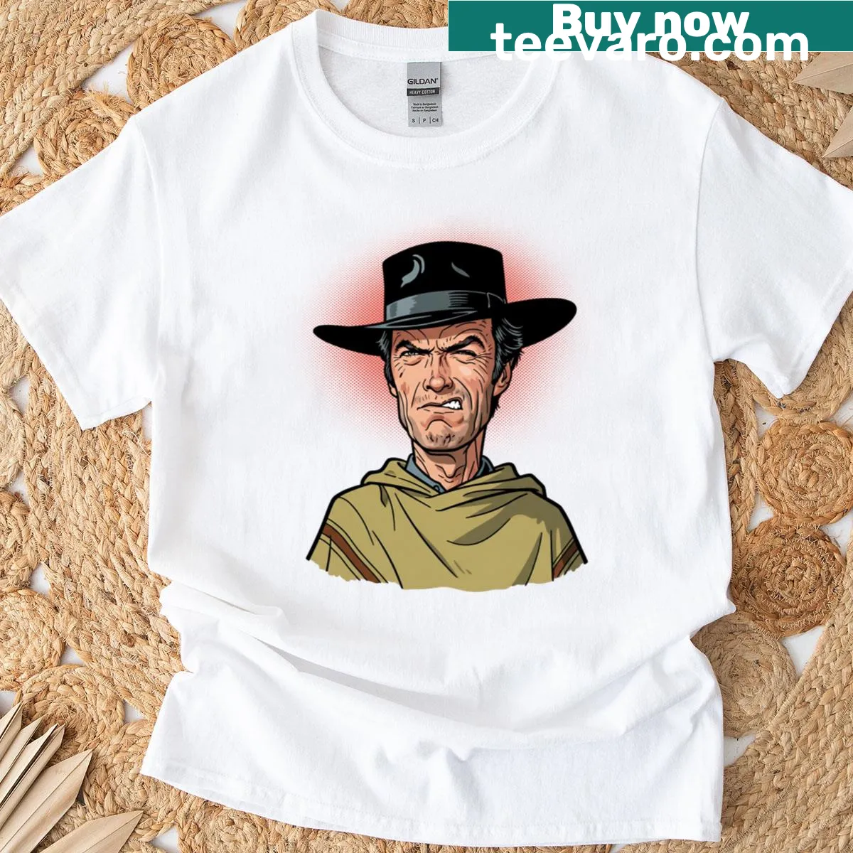 Caricature design inspired by spaghetti Western films on a t-shirt. — on a men's t-shirt