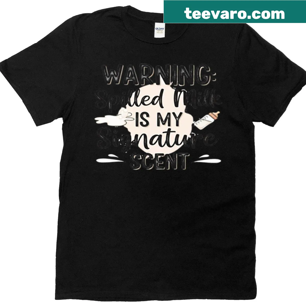 Funny parenting tee with humorous spilled milk text design — on a men's t-shirt