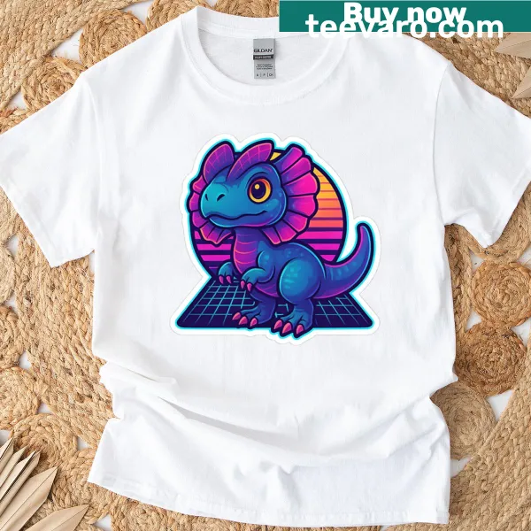 Cute cartoon dinosaur graphic on Spitty Dino T-shirt